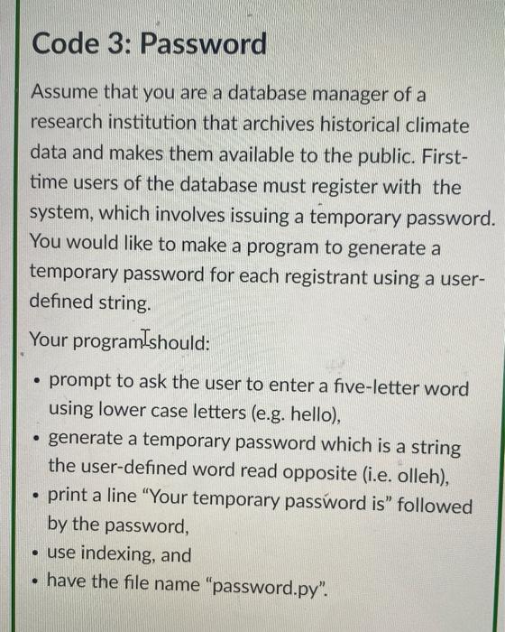 Solved Code 3: Password Assume that you are a database | Chegg.com