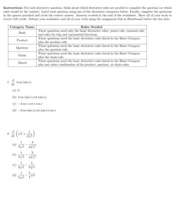 Solved Instructions: For earh derivative question, think | Chegg.com