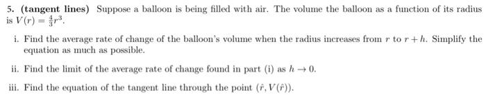 Solved 5. (tangent lines) Suppose a balloon is being filled | Chegg.com