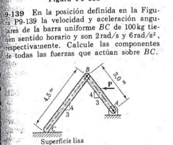 9-139 En la posición definida en la Figura P9-139 la velocidad y aceleración angu. lares de la barra uniforme \( B C \) de \(