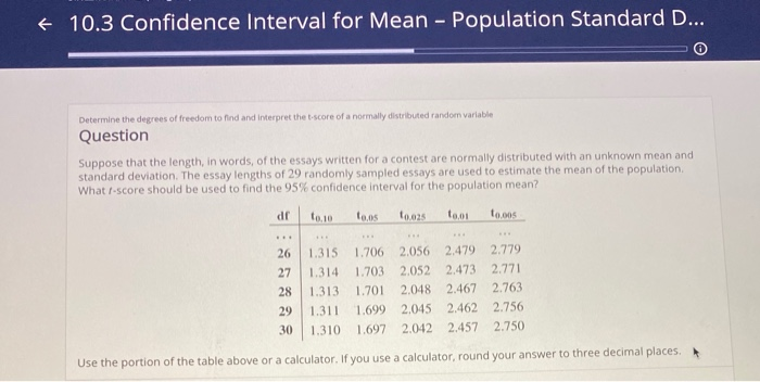 Solved + 10.3 Confidence Interval for Mean - Population | Chegg.com