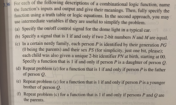 For each of the following descriptions of a combinational logic function, name the functions inputs and output and give thei