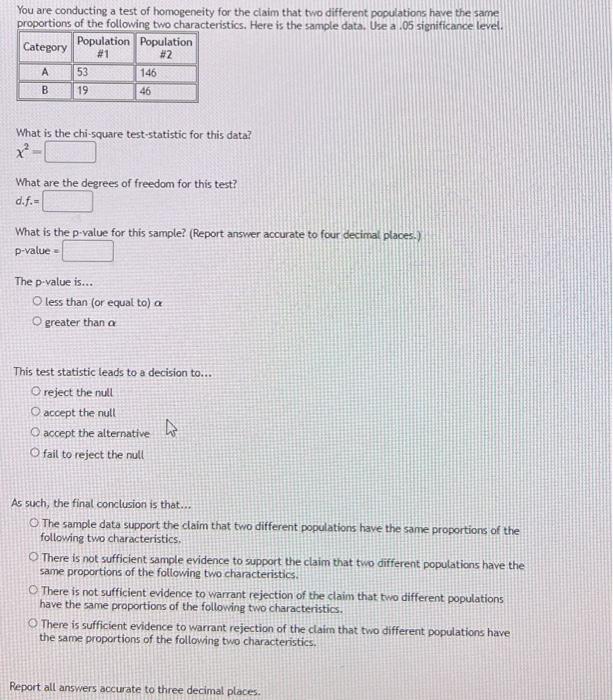 Solved You are conducting a test of homogeneity for the | Chegg.com