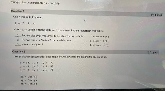 Solved Given This Code Fragment: T=(1,2,3) Match Each Action | Chegg.Com