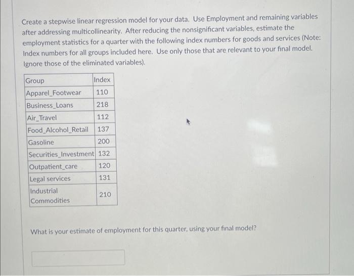 Solved Create a stepwise linear regression model for your | Chegg.com