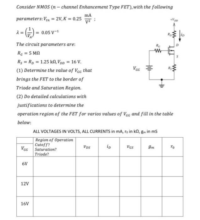 Solved Consider NMOS (n - channel Enhancement Type FET), | Chegg.com