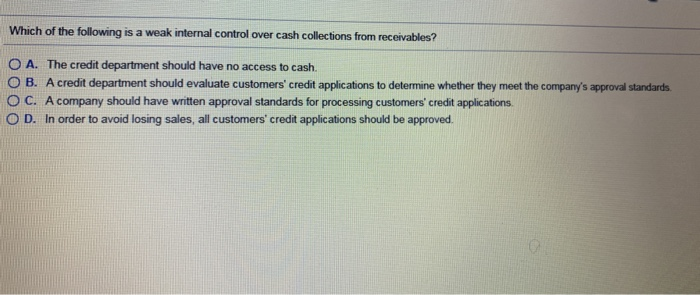 Which Of The Following Reflects A Weak Internal Control System Solved Which of the following is a weak internal control | Chegg.com