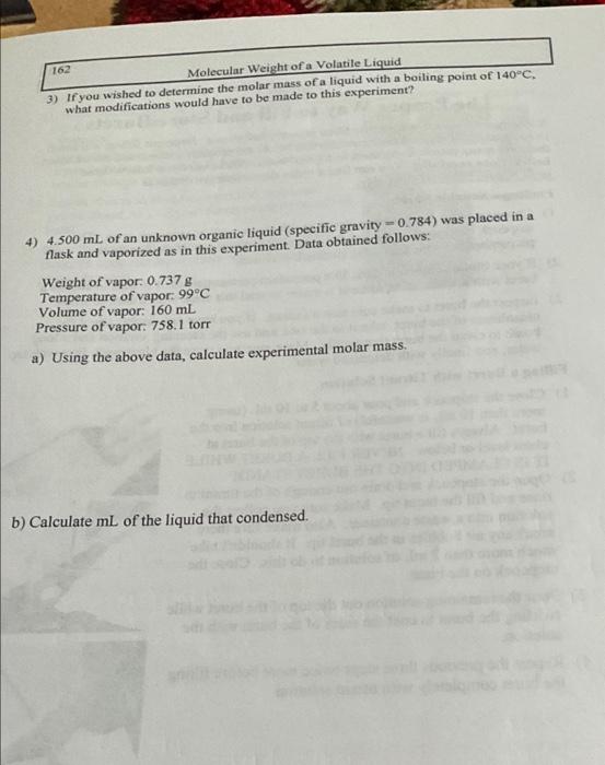 Solved 162 Molecular Weight of a Volatile Liquid 3) If you