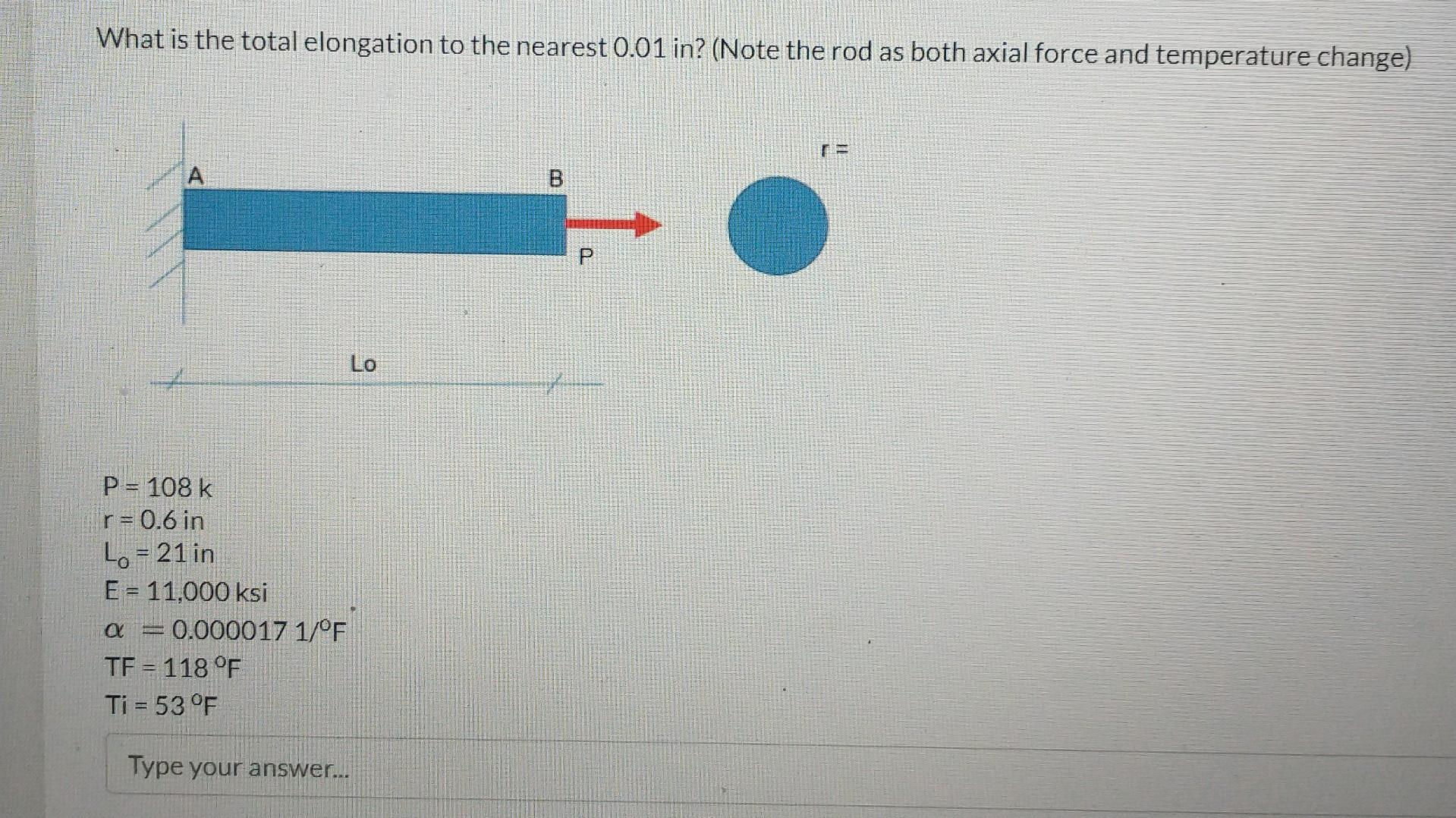 What is the total elongation to the nearest \( 0.01 \) in? (Note the rod as both axial force and temperature change)
\[
\begi