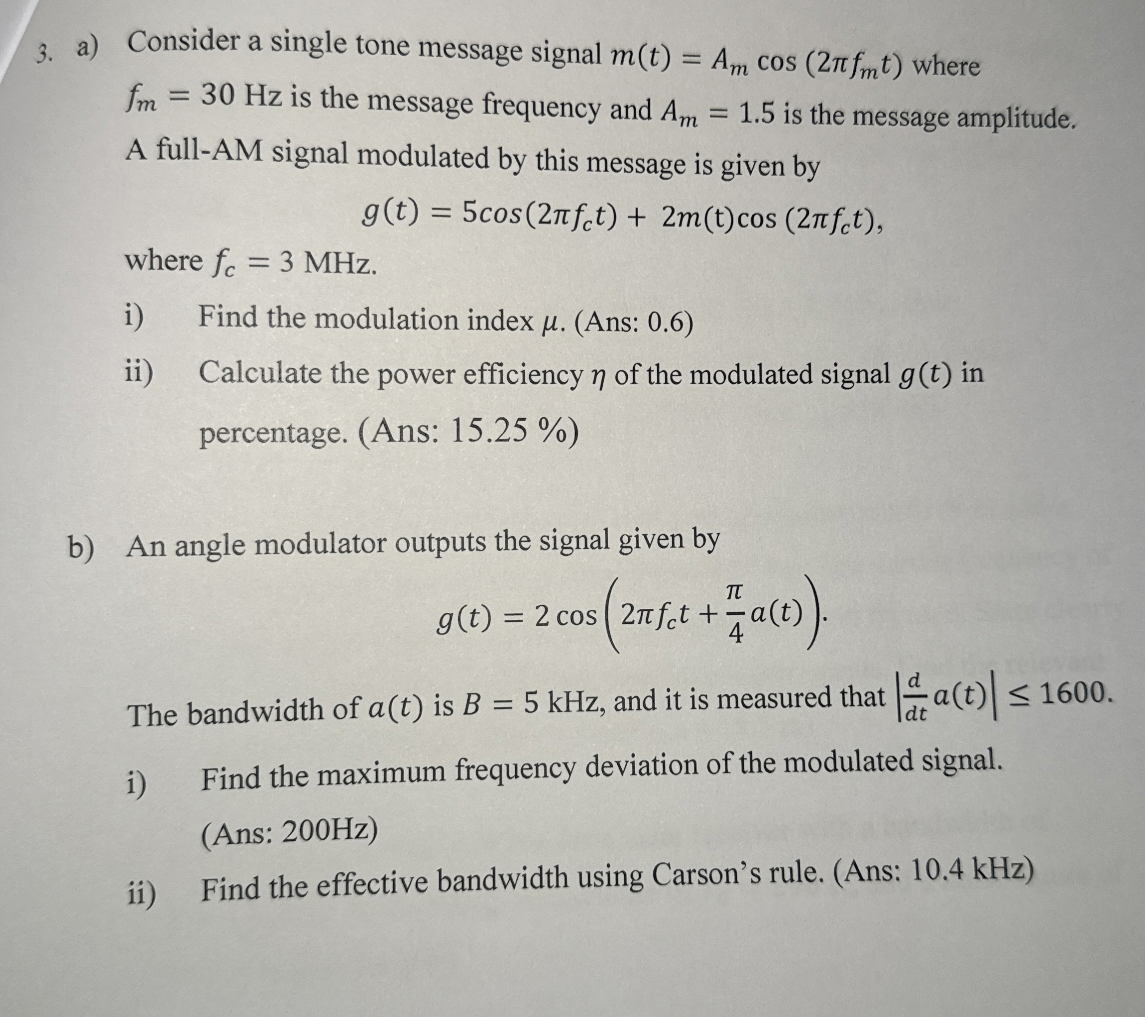 a) ﻿Consider a single tone message signal | Chegg.com