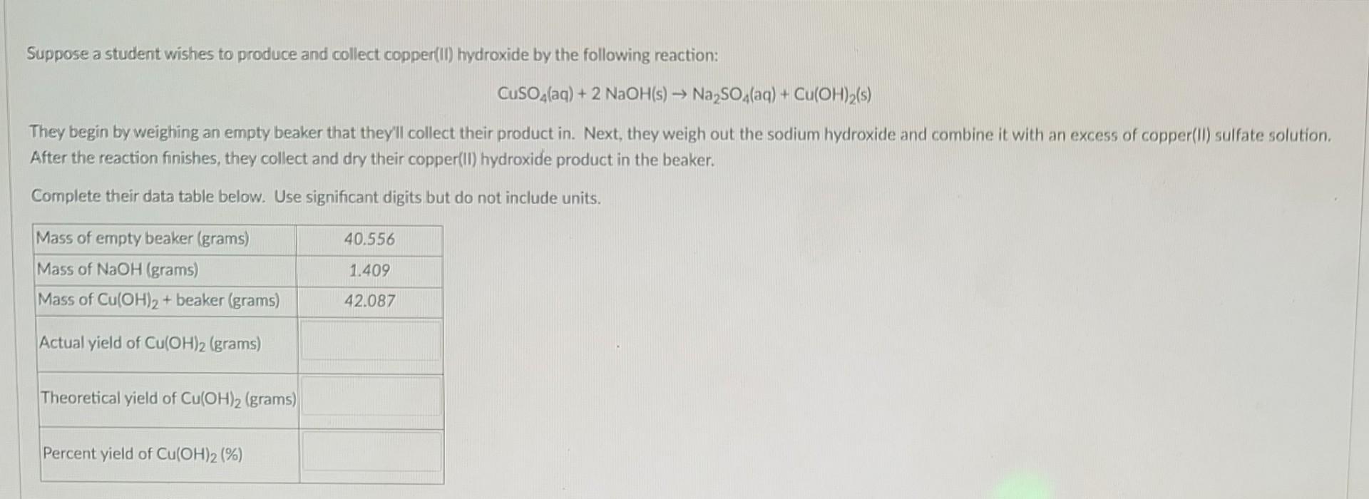 Solved CuSO4(aq)+2NaOH(s)→Na2SO4(aq)+Cu(OH)2( s) They begin | Chegg.com