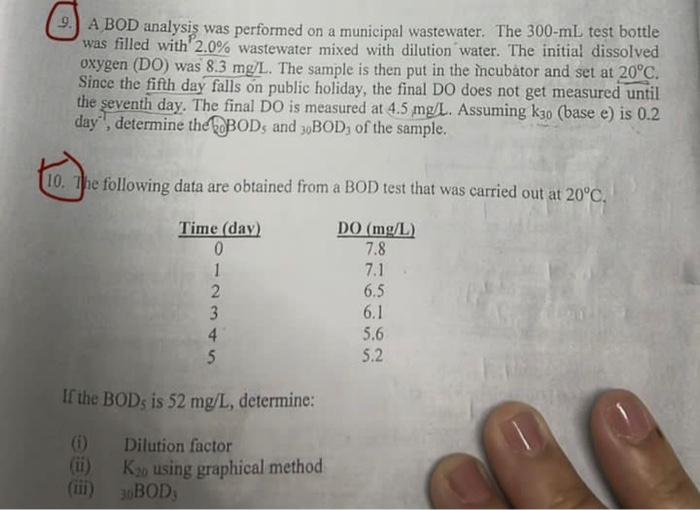 Solved 9. A BOD analysis was performed on a municipal | Chegg.com