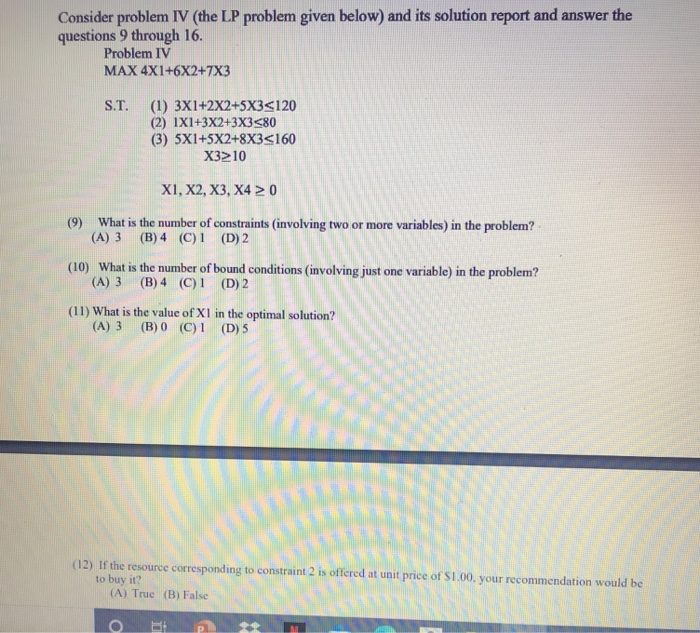 Consider problem IV (the LP problem given below) and | Chegg.com