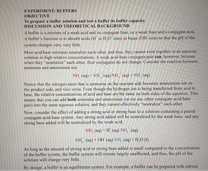 Solved EXPERIMENT BUFFERS OBJECTIVE To prepare a buffer