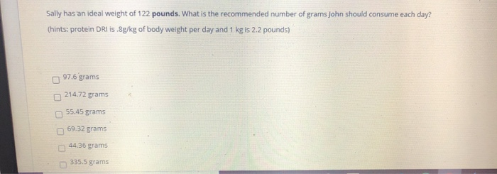 Solved Sally has an ideal weight of 122 pounds. What is the Chegg