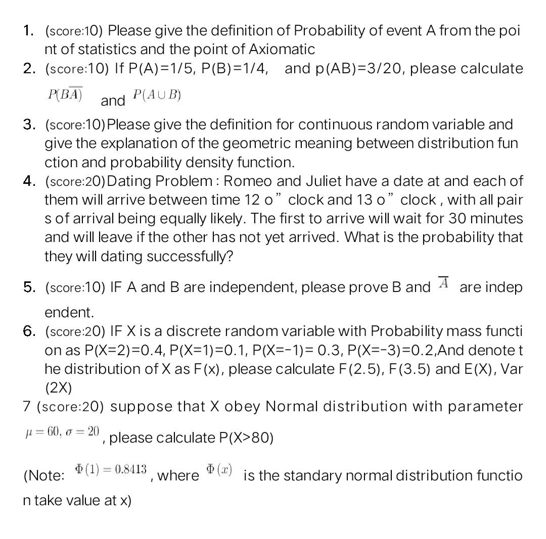 Solved 1 Score 10 Please Give The Definition Of Probab Chegg Com