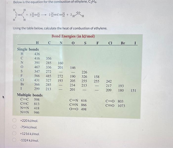 Solved Below is the equation for the combustion of ethylene