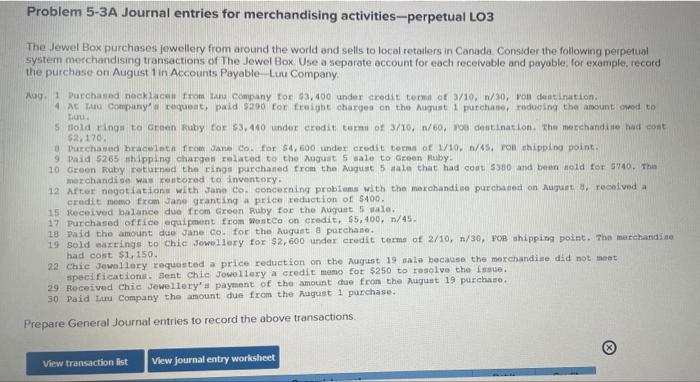 Solved Problem 5-3A Journal entries for merchandising | Chegg.com