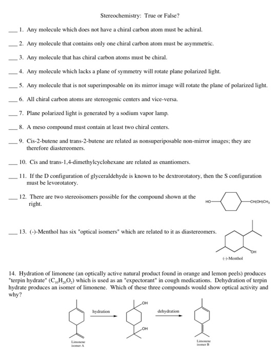 Solved Stereochemistry: True Or False? - 1. Any Molecule | Chegg.com