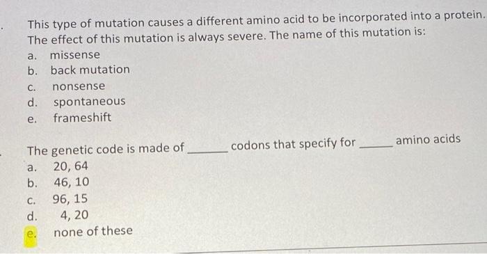 Solved a. This type of mutation causes a different amino | Chegg.com