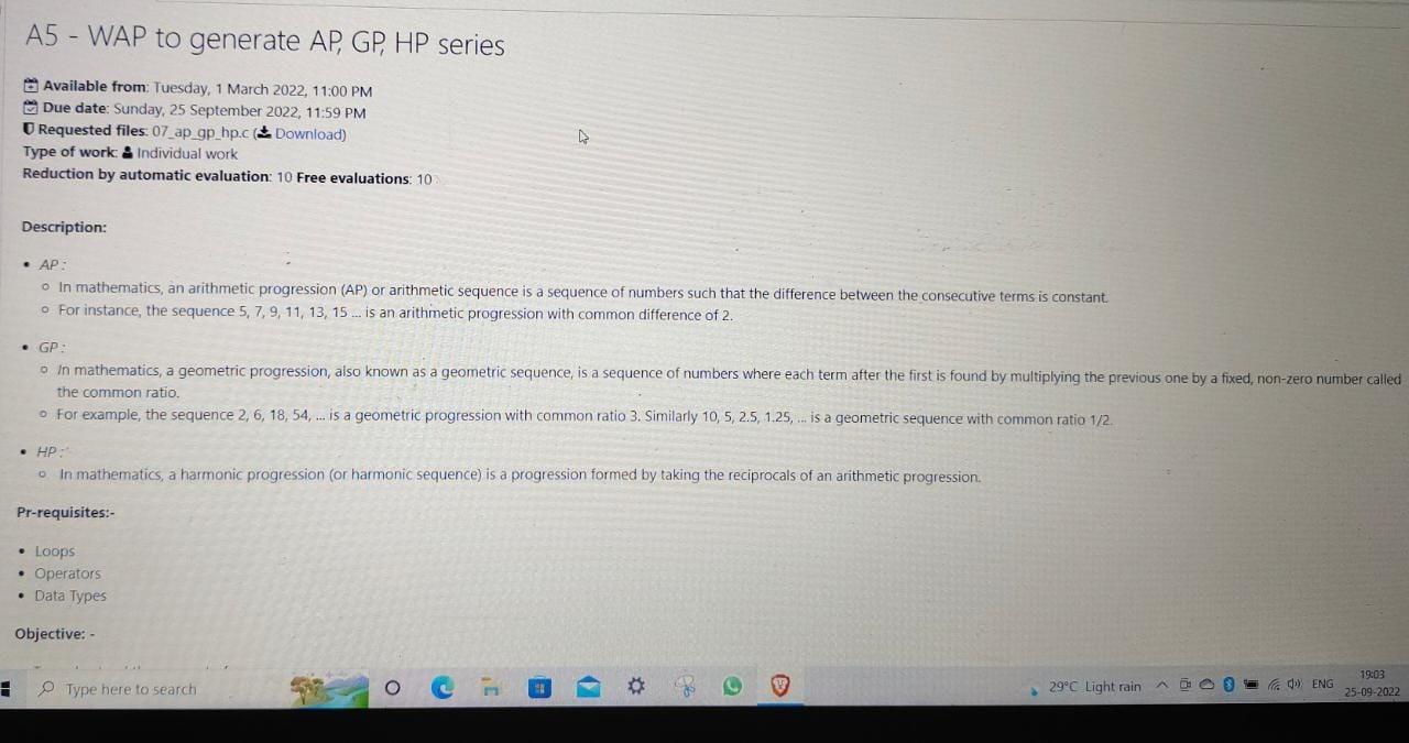 Solved write a program to generate AP, GP, HP series in c | Chegg.com