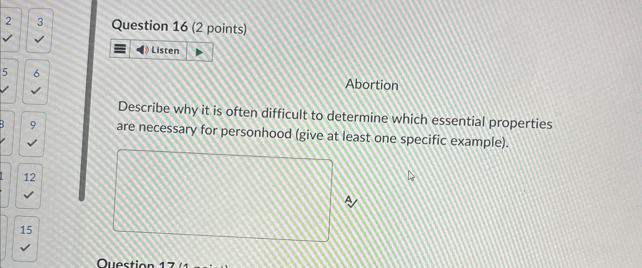 Solved Question 16 (2 ﻿points)Listen6AbortionDescribe why it | Chegg.com
