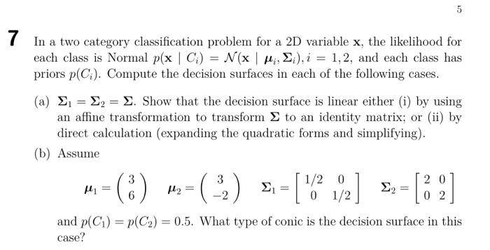 5 7 In a two category classification problem for a 2D | Chegg.com