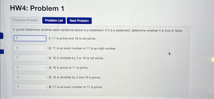 Solved (1 point) Determine whether each sentence below is a | Chegg.com