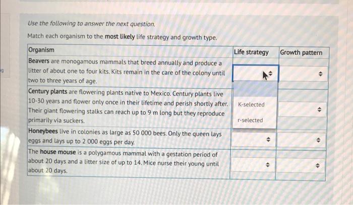 Use the following to answer the next question.
Match each organism to the most likely life strategy and growth type.