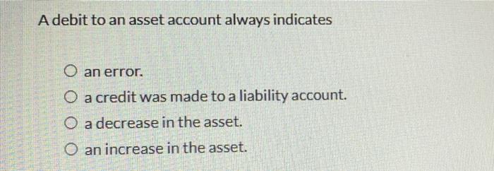 Solved A debit to an asset account always indicates O an | Chegg.com