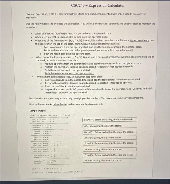 Solved CSC240 - Expression Calculator Glven an expression, | Chegg.com