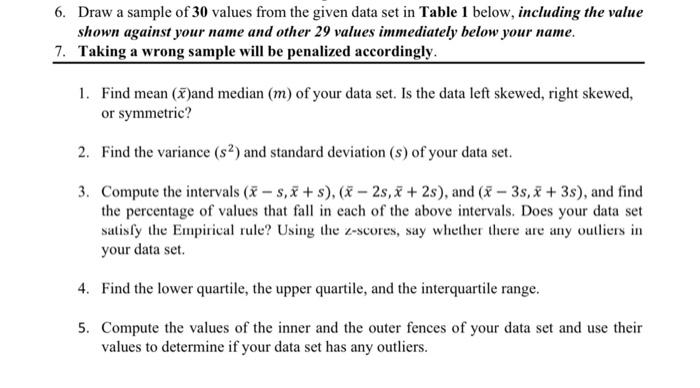 Solved 6. Draw a sample of 30 values from the given data set | Chegg.com