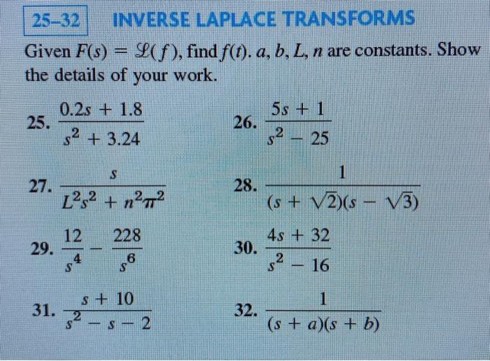 Solved 25 32 Inverse Laplace Transforms Given F S L S Chegg Com