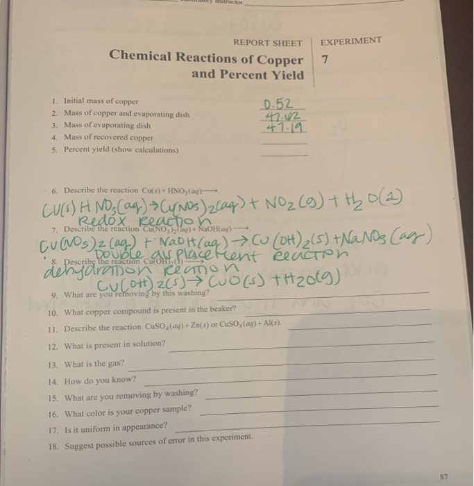 Solved Instructor EXPERIMENT REPORT SHEET Chemical Reactions | Chegg.com