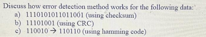 Solved Discuss how error detection method works for the | Chegg.com