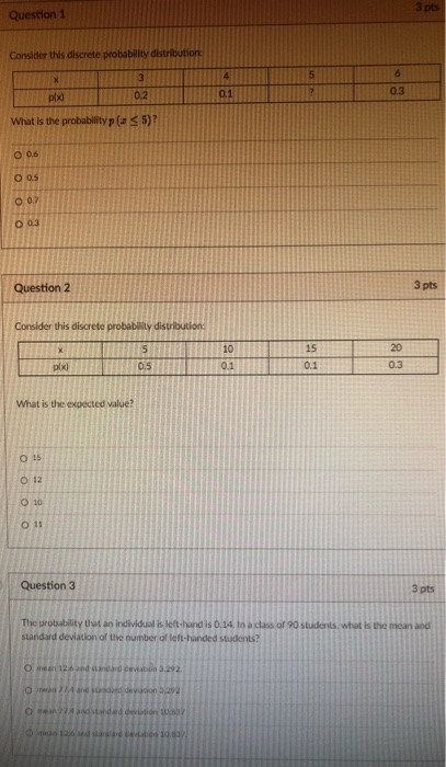 Solved 3 pts Question 1 Consider this discrete probability | Chegg.com