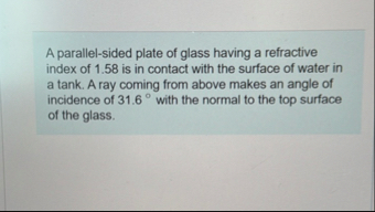 Solved A parallel-sided plate of glass having a refractive | Chegg.com