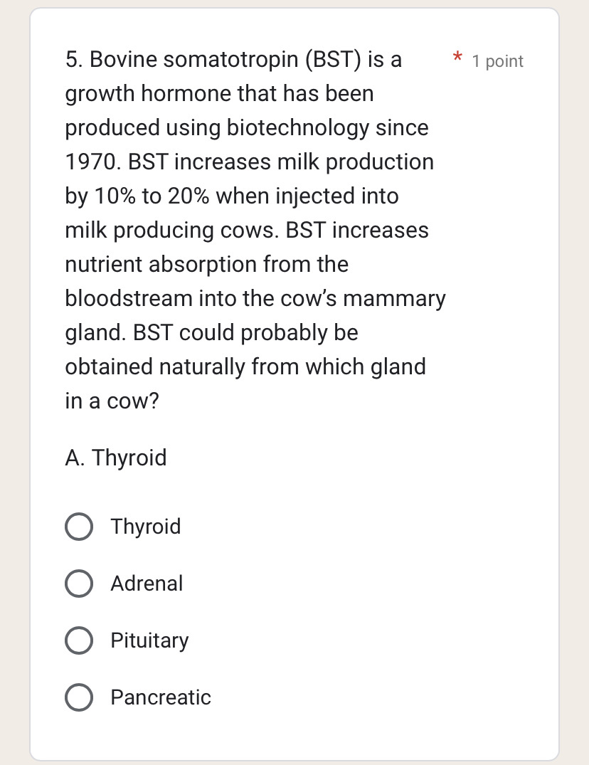 Solved Bovine somatotropin (BST) ﻿is a1 ﻿point growth | Chegg.com