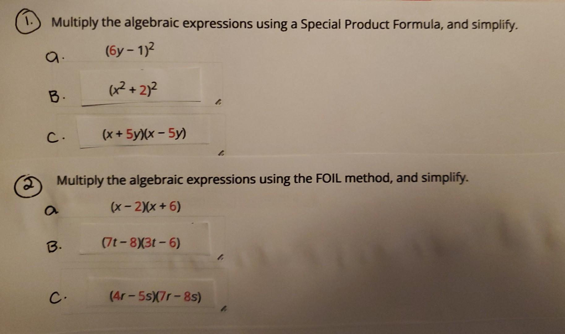 (1.) Multiply the algebraic expressions using a Special Product Formula, and simplify.
a. \( \quad(6 y-1)^{2} \)
B. \( \left(