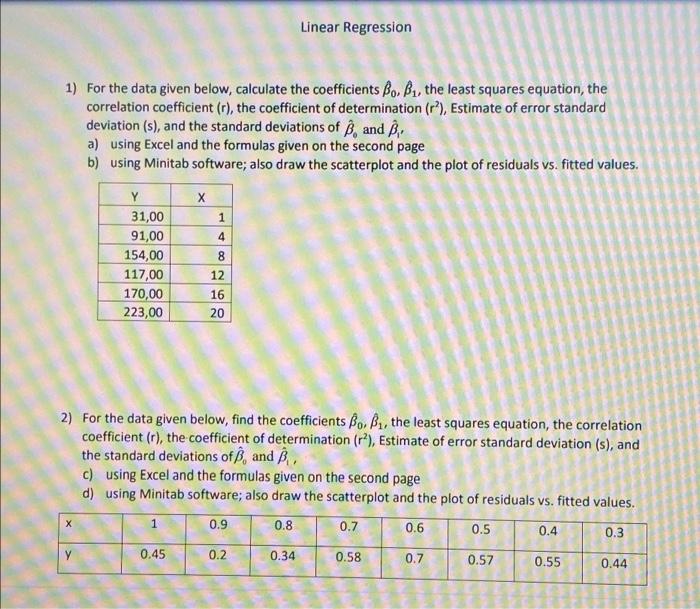 Linear Regression
1) For the data given below, calculate the coefficients Bo, B?, the least squares equation, the
correlation