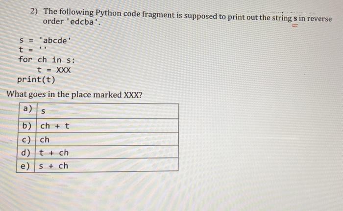 Solved 2) The following Python code fragment is supposed to | Chegg.com