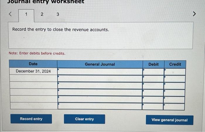 Record the entry to close the revenue accounts.
Note: Enter debits before credits.