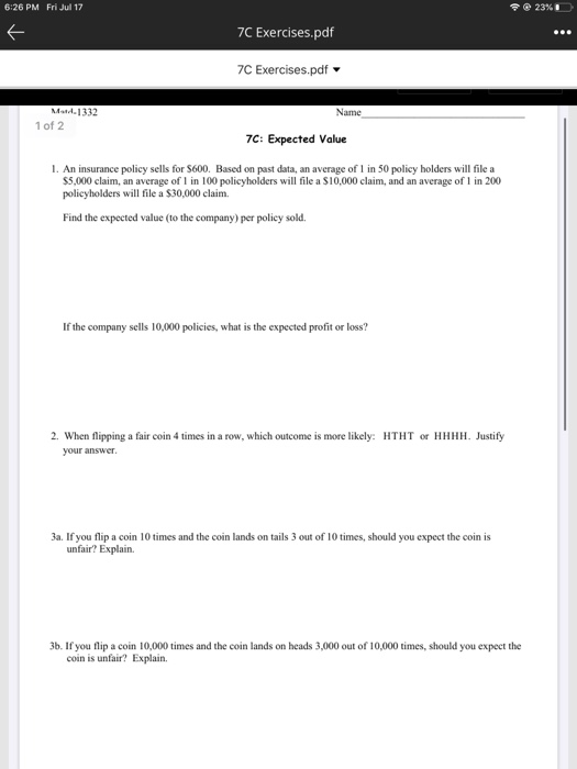 Solved 6:26 PM Fri Jul 17 @ 23% 0 个 7C Exercises.pdf ... 7C | Chegg.com