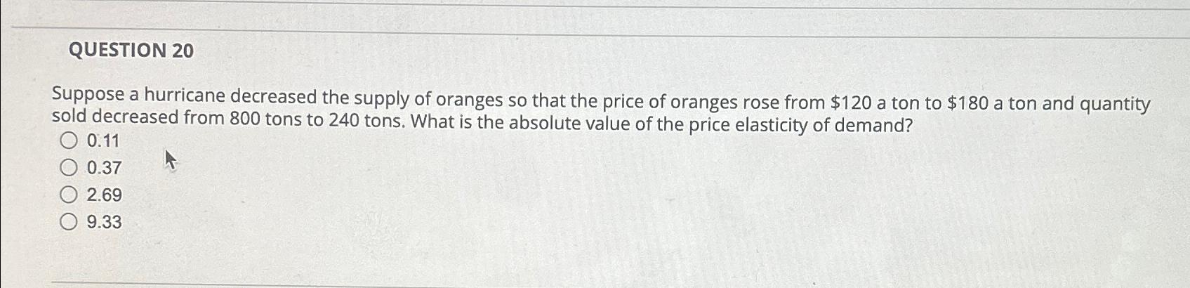 Solved QUESTION 20Suppose a hurricane decreased the supply | Chegg.com