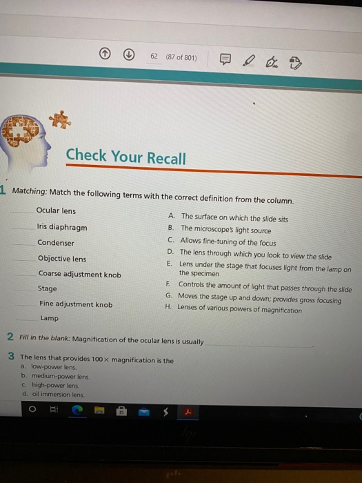 Solved 62 (87 of 801) Check Your Recall 1 Matching: Match | Chegg.com