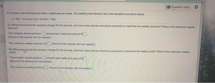 Solved E Question Help A company manufactures and sells x | Chegg.com