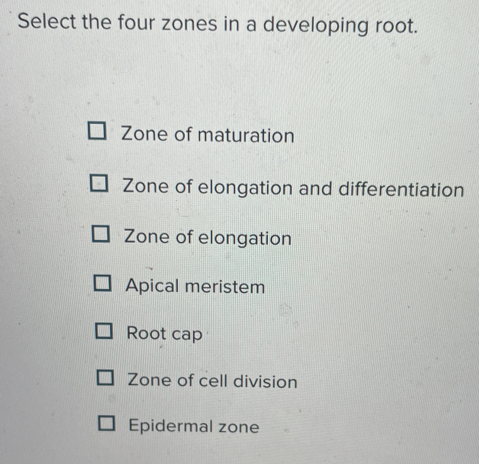 Solved Select the four zones in a developing root.Zone of | Chegg.com