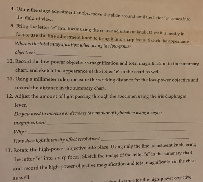 Solved 4. Using the stage adjustment knobs, move the slide