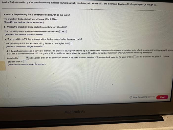 Solved a. What is the probability that a student scored | Chegg.com