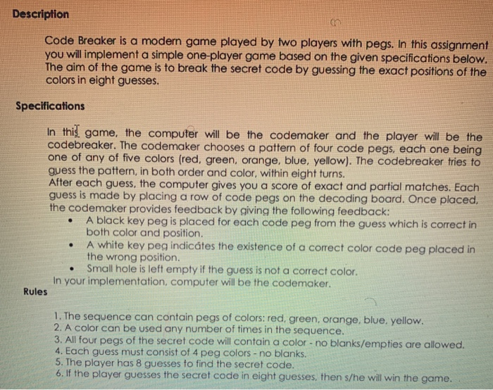 Solved Description Code Breaker is a modern game played by | Chegg.com